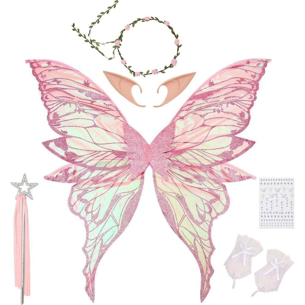 Fairy Costume Set Butterfly Wings Floral Garland Wand Gloves Elf Ears